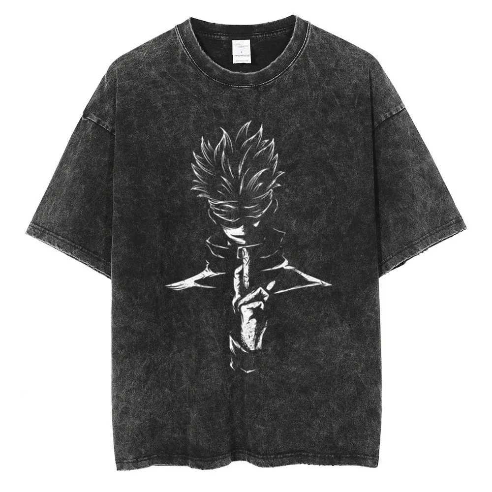 Men Fashion Streetwear Washed Black T-Shirt Harajuku Japanese Anime Graphic Print T Shirt Summer Cotton Oversized Tops TeesXJ240102