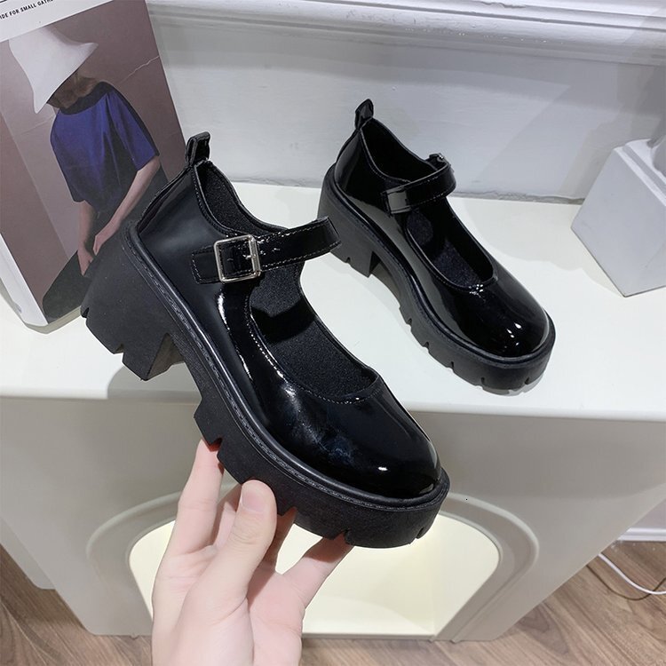 Ddmywed Little Spring New British Academy Style Bright Leather High Heels Single Round Toe Thick Sole Mary Jane Shoes For Women Chinese Brand Shoes F0