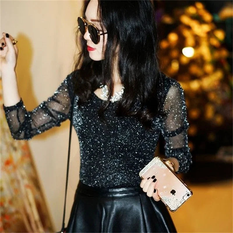 Spring and summer womens sexy see through mesh shirt long sleeved transparent shiny elegant shirt fashionable womens top DF2417 250102