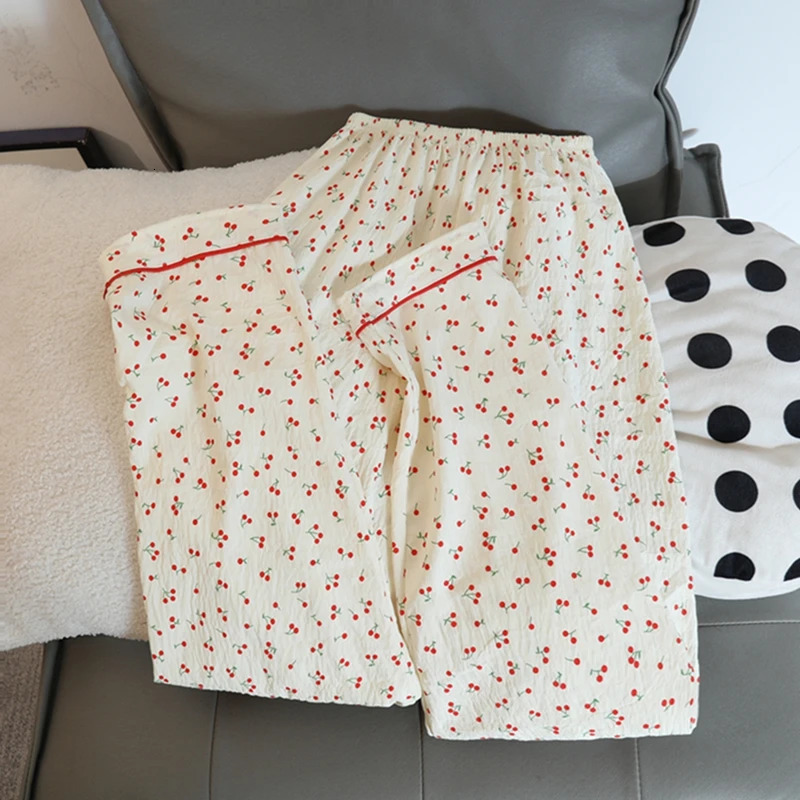 Autumn Cherries Pajama Sets for Women Faux Cotton Outfits Soft Lapel Cardigan 2 Piece Set Sweet Cute 250103