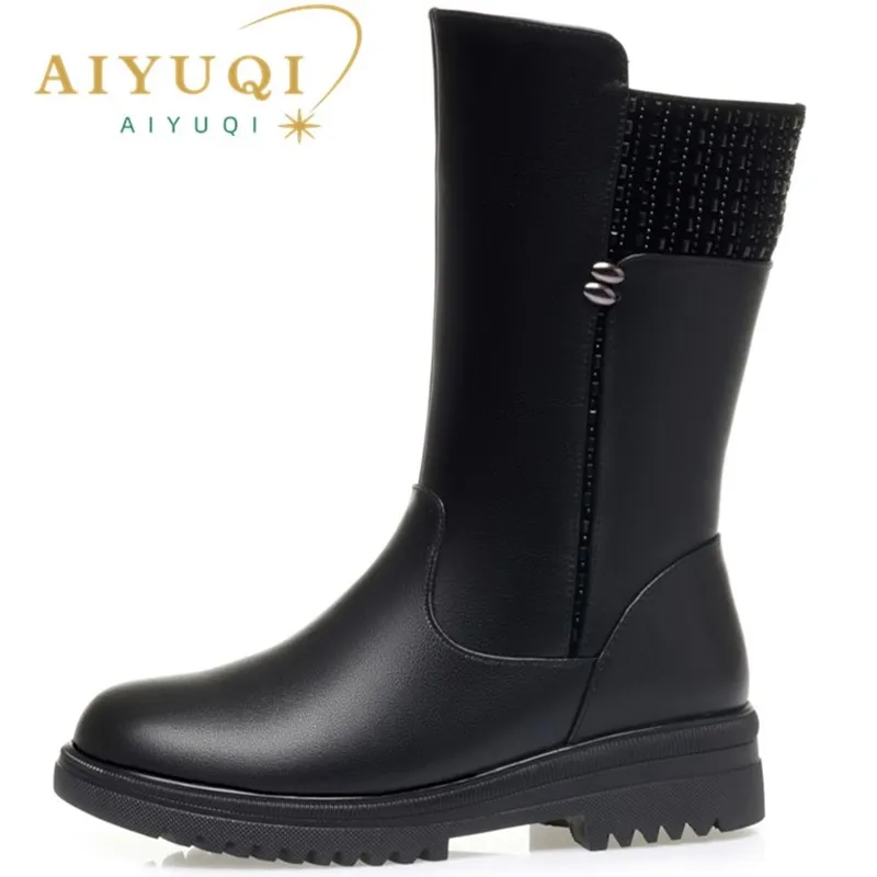 AIYUQI Women Snow Boots Genuine Leather Large Size Non Slip Rider Boots Women Natural Wool Women Winter Shoes Boots