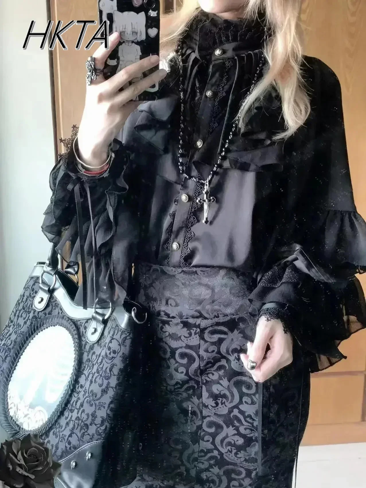 Gothic batwing shirt womens Lolita loose spring and autumn womens elegant red and black top solid color shirt 250102