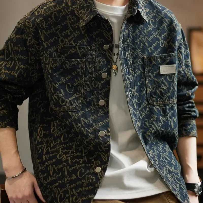 Spring and Autumn Jacquard Denim Shirt Mens Washing Strict Collar Jacket Thin Casual Trendy Vest Chinese Clothing W250103