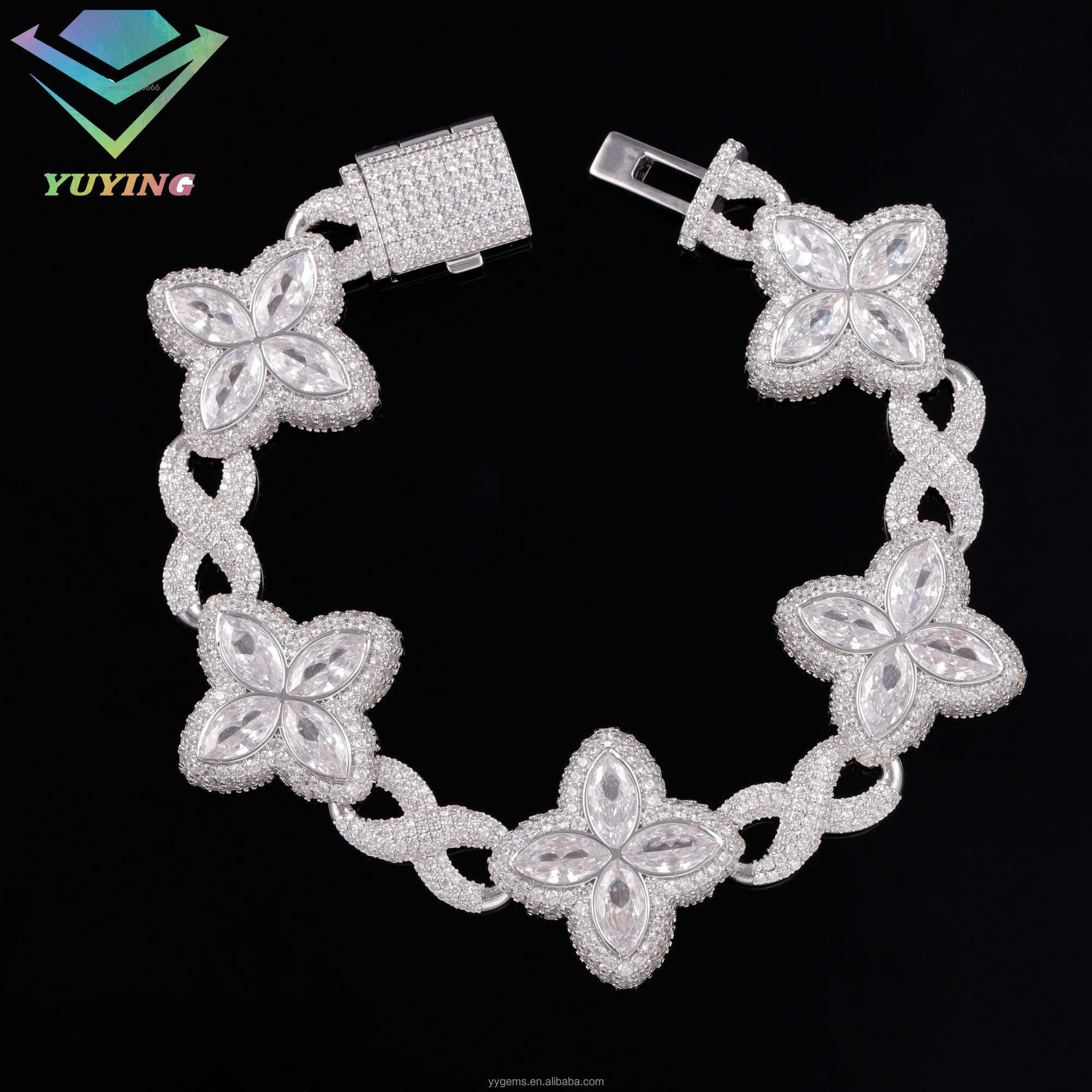 In Stock 925 Sterling Silver Gold Plated Iced Out VVS Moissanite Diamond Lucky Clover Bracelet for Hip Hop Jewelry