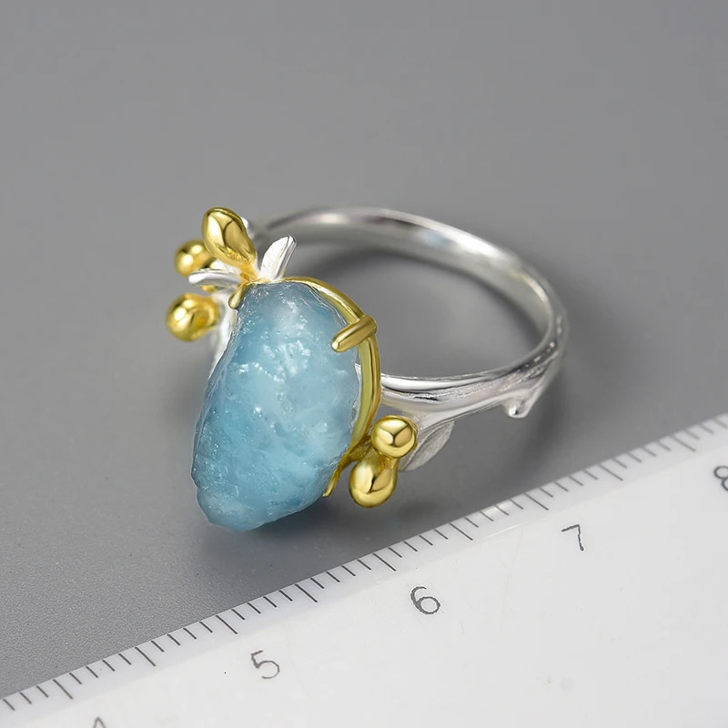 Lotus Fun 18K gold natural aquamarine gemstone womens adjustable flower ring genuine 925 sterling silver exquisite jewelry 250102