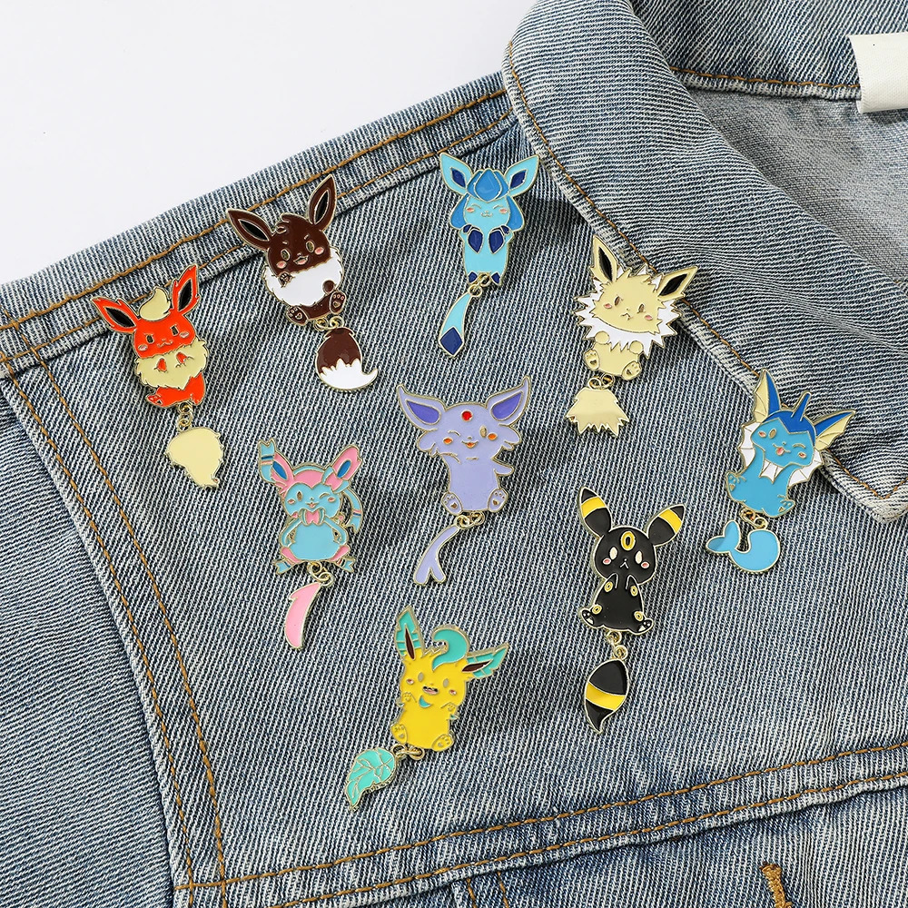9 Pcs Cartoon Elf Chain Brooch Creative Cute Eevee Enamel Pin Metal Badge Jewelry Clothes Backpack Accessories Gift for Friends 250103