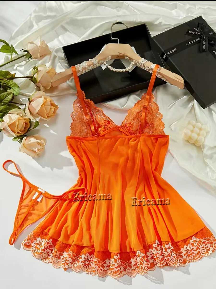 Contrast lace lingerie set deep V-back bow slip dress and thong Koningsdag/Kings Day womens sexy lingerie and underwear W250103