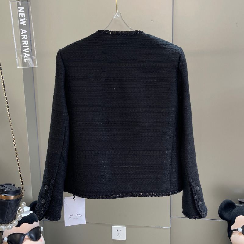 Black Small Fragrance Women Coat Spring Autumn Dark Weave Classic French Slim Tweed High Quality Long Sleeve Lady Jacket