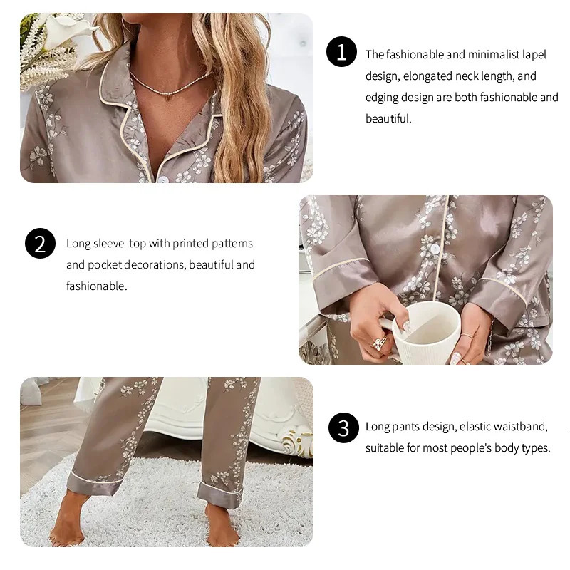 Women Satin Pajama Casual Sleepwear Home Clothes Suit Autumn Long Sleeve Button Up Top Pants Nightwear Loungewear Pyjama Femme 250103