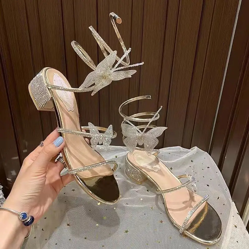 Xibeilove Summer Style Womens Sandals Sexy Rhinestone Bow Chunky Heel Sandals Banquet Shoes250102