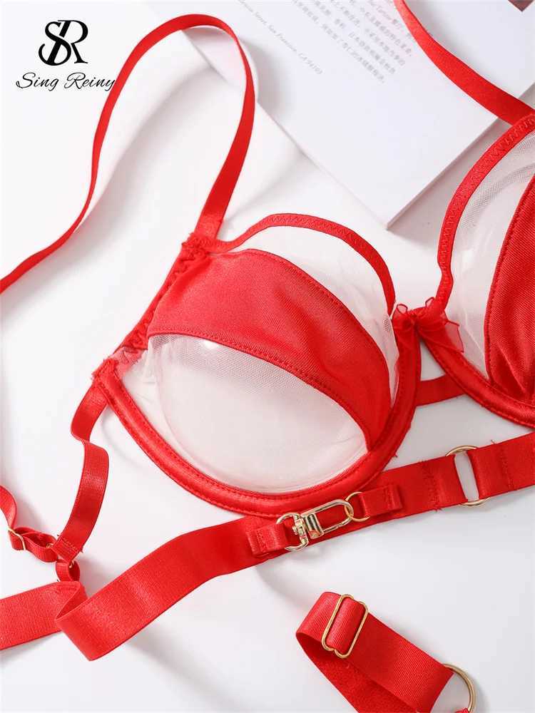 SINGREENY 2024 Patchwork Mesh Porn Sexy Underwear Womens Hollow Transparent Sexy Underwear Two Piece Set W250103