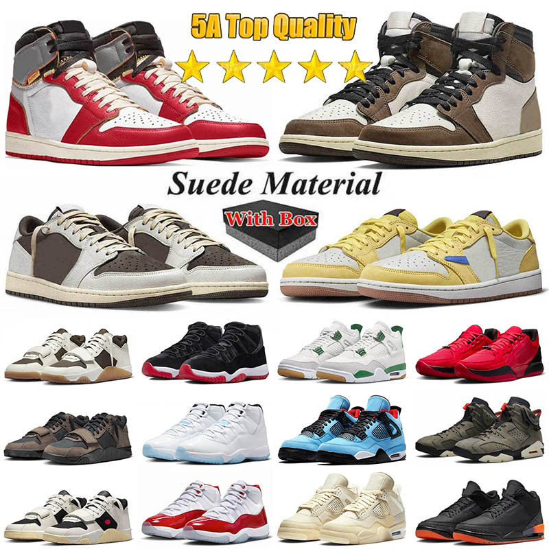Top 5A Quality With Box Basketball Shoes Low Suede Leather Material Reverse Mocha Canary High Veet Brown Sneakers Designer Mens Women Trainers Big Size 13