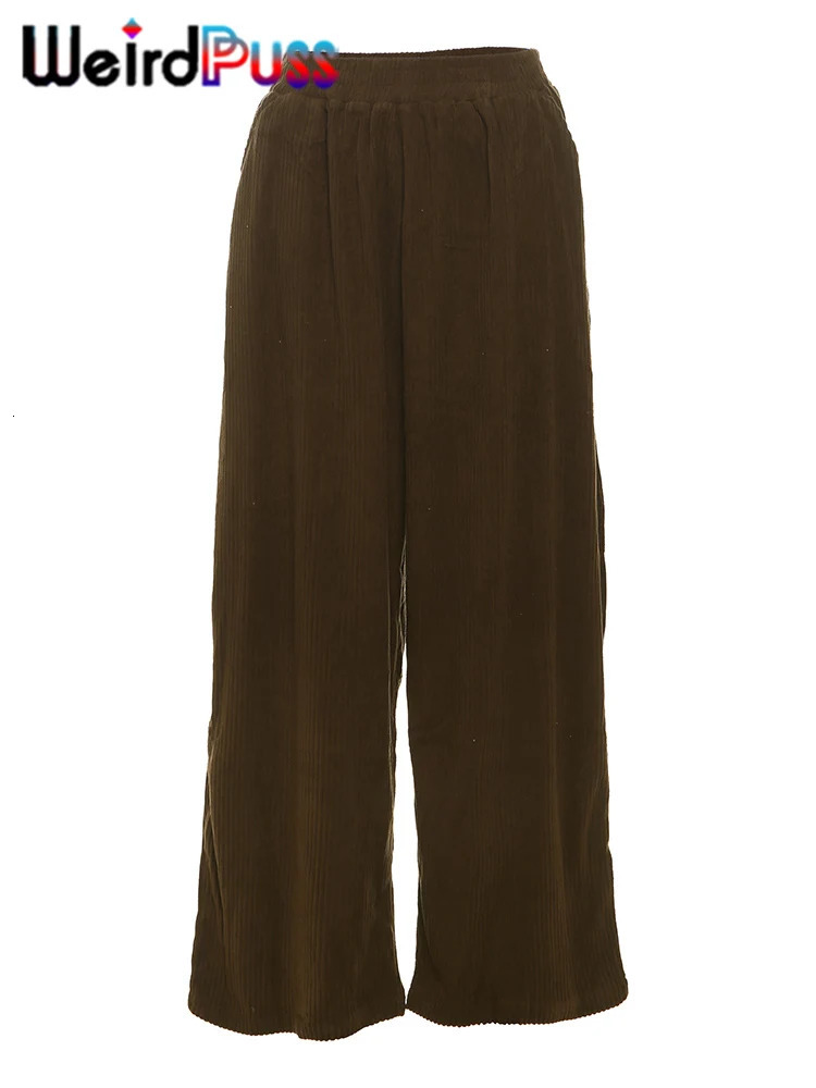 Weird Puss Y2K Casual Wide Leg Pants for Women in Autumn Loose and Simple Pocket High Waist Trouser Corduroy Streetwear Long Bottom 250102
