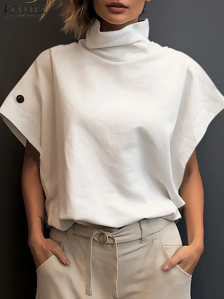 Womens Fashion OL Work Shirt ZANZEA Summer Elegant Turtle Neck Short Sleeve Shirt Casual Loose Office Top Party Blue 250102
