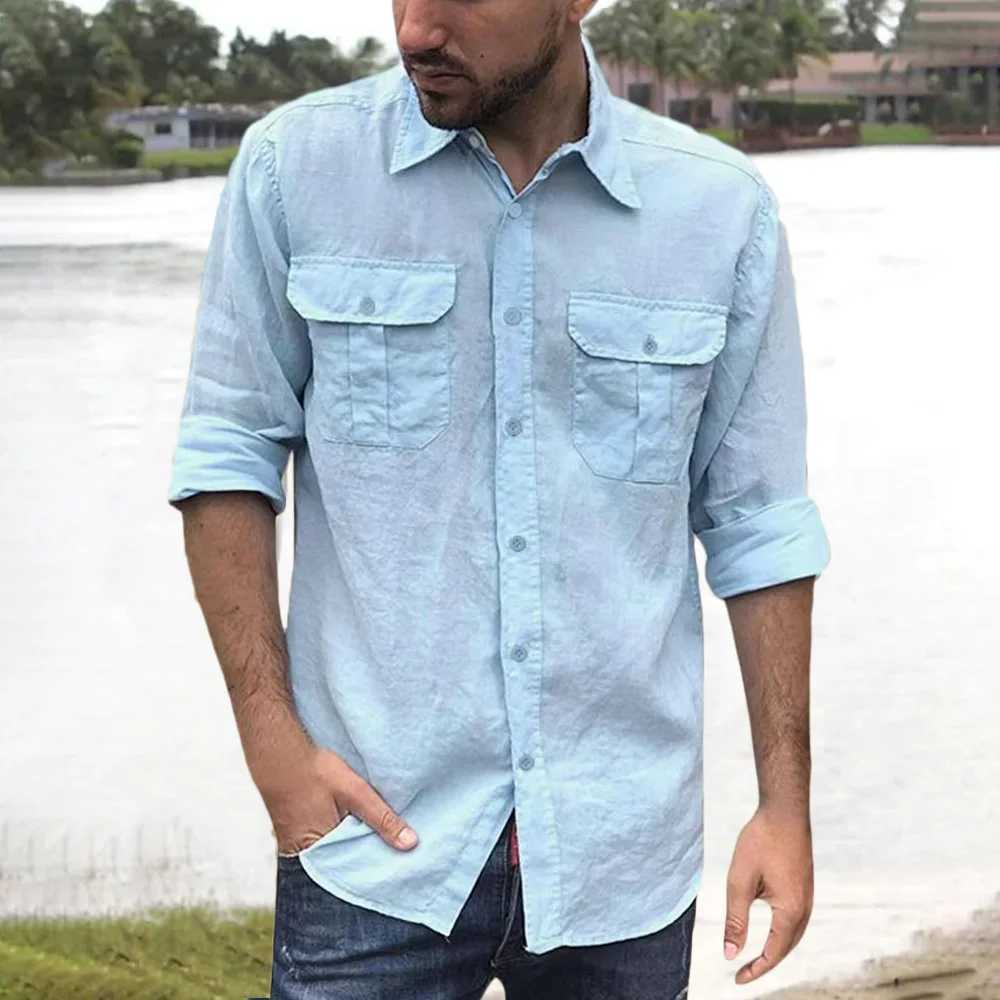 Cotton linen mens long sleeved solid color casual top with collar and double pockets design classic shirt fashionable mens clothing W250103