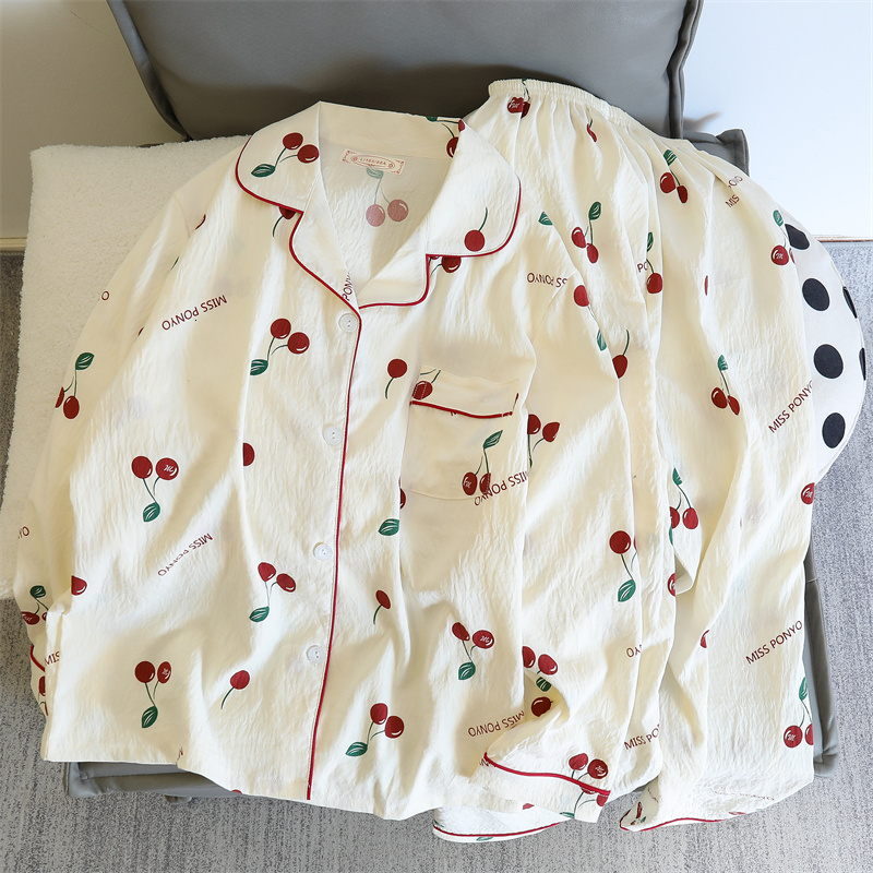 Cherries Print Two Pieces Autumn Faux Cotton Pamas Korean Fashion Home Clothes Ladies Pants and Top Set Pijamas