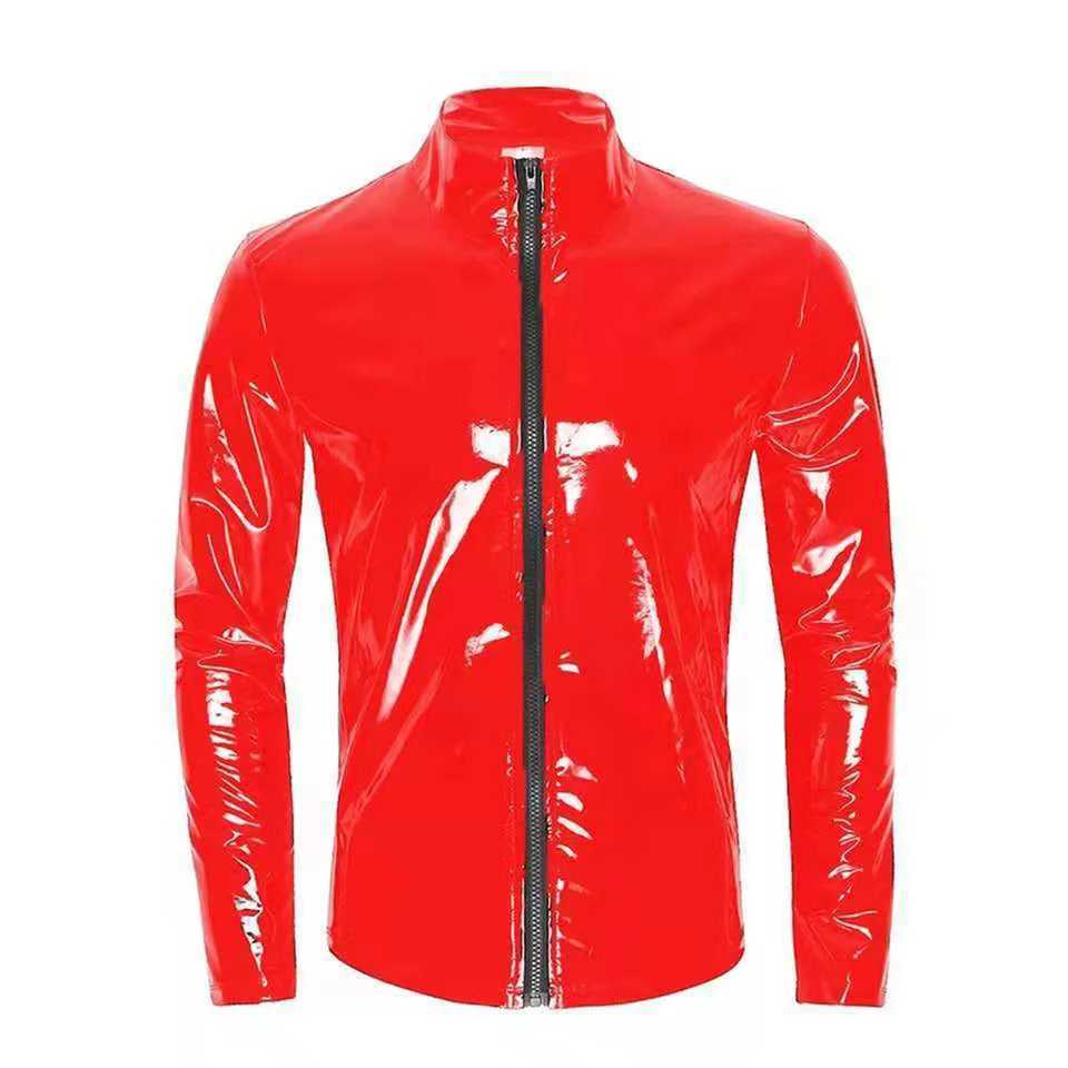Mens jackets underwear Wetbook shiny leather bodysuits jumpsuits tops underwear nightclubs zippers stage costumes W250103
