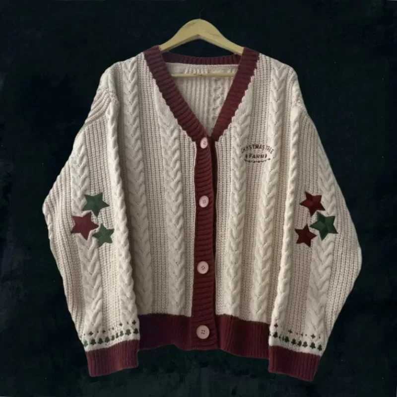 Christmas tree womens cardigan wool sweater autumn and winter knitted cardigan wool sweater with star embroidery holiday sweater folk top Christmas gi