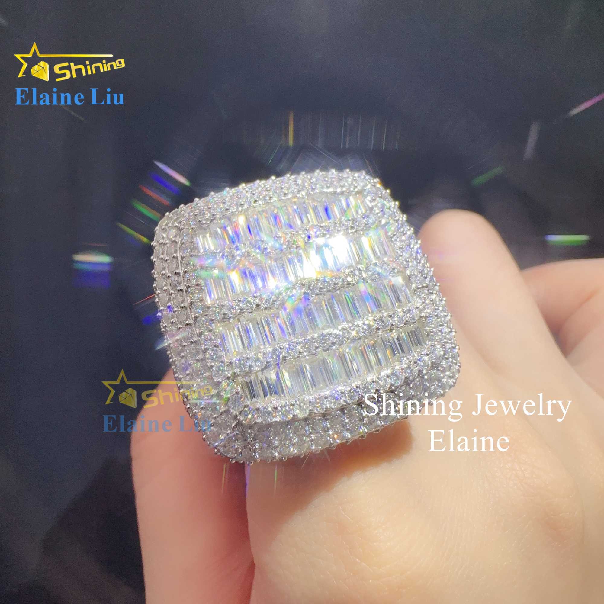 Baguette hip hop custom vvs moissanite mens iced out 925 sterling silver ring