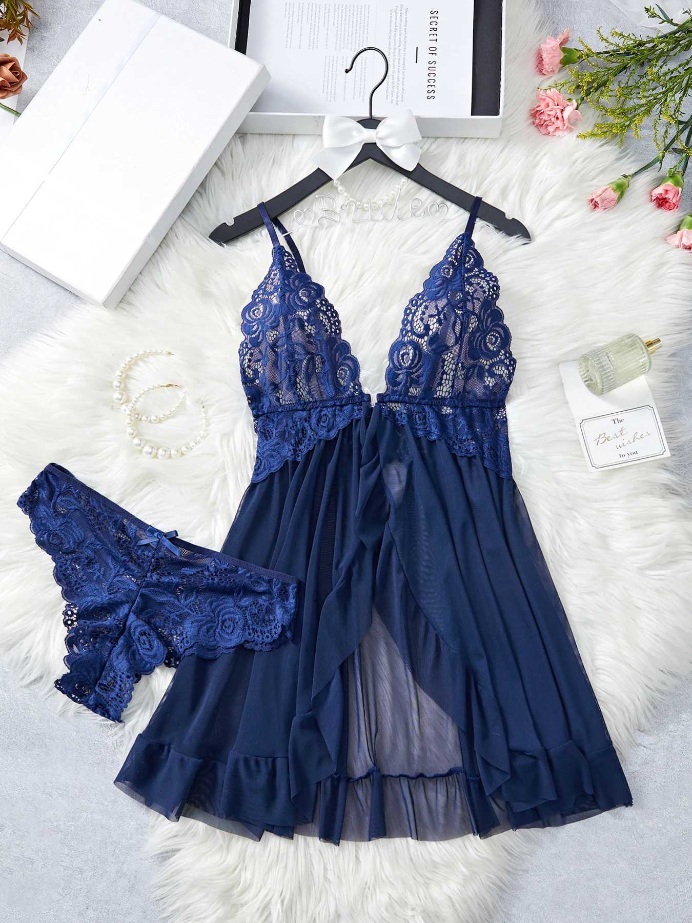 Erotic Blue Strap Nightgown thong set lingerie transparent lace womens mini deep V-dress tight fitting sexy lingerie sex clothing W250103