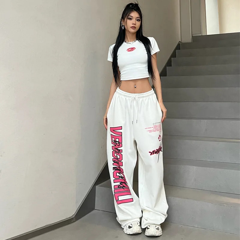 Y2K streetwear white track pants womens Harajuku hippie wide leg sports pants oversized fast drying printing runners Trouser 250102