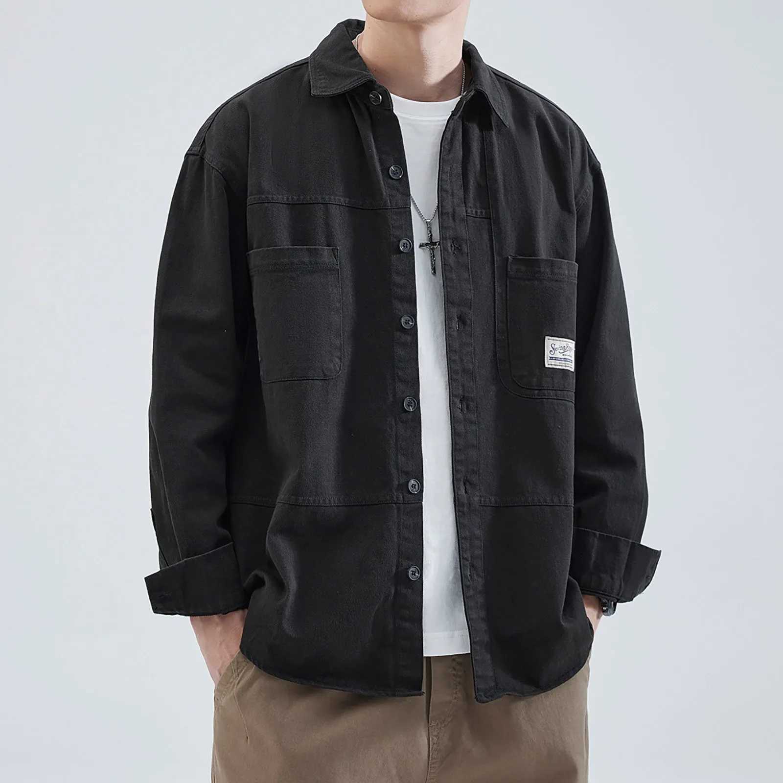 Mens work shirt jacket spring and autumn Japanese loose open top shirt casual long sleeved mens Ropa Hombre shirt W250103