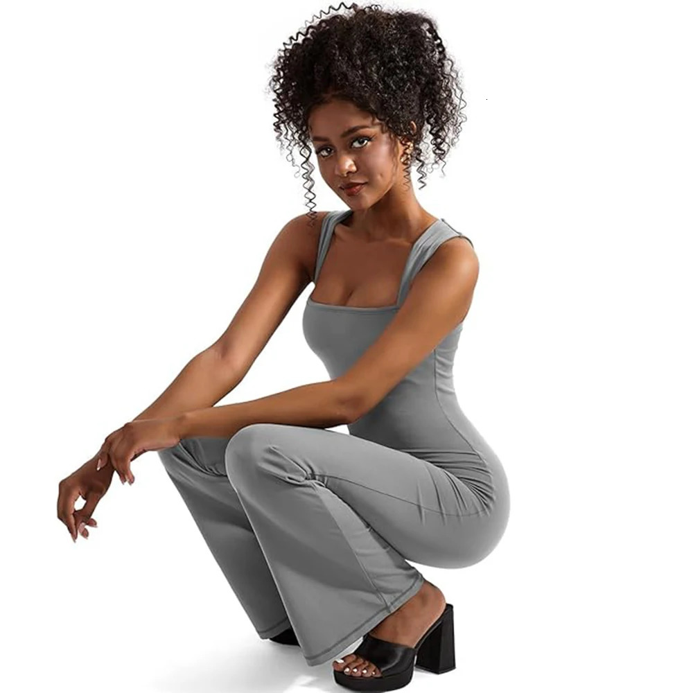 Womens Sleeveless Bodysuit Flared Pants Square Neck Full Seasons Casual Fitness Playsuit Streewear Jumpsuits Lady 250103