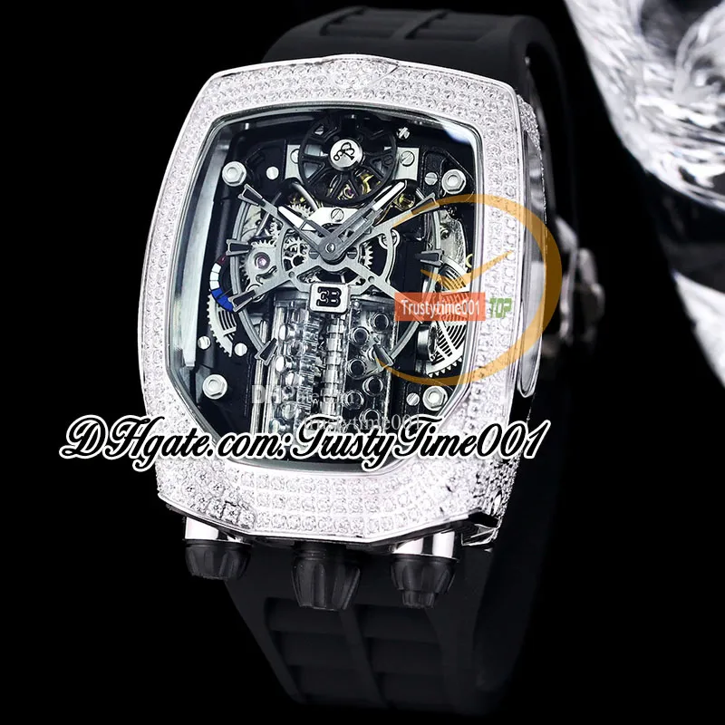 Other Clocks BugattiChiron Tourbillon Autoamtic Mens Watch With 16 Cylinder Engine, Skeleton Dial, Iced Out Asscher Cut Diamond Case, Blue M