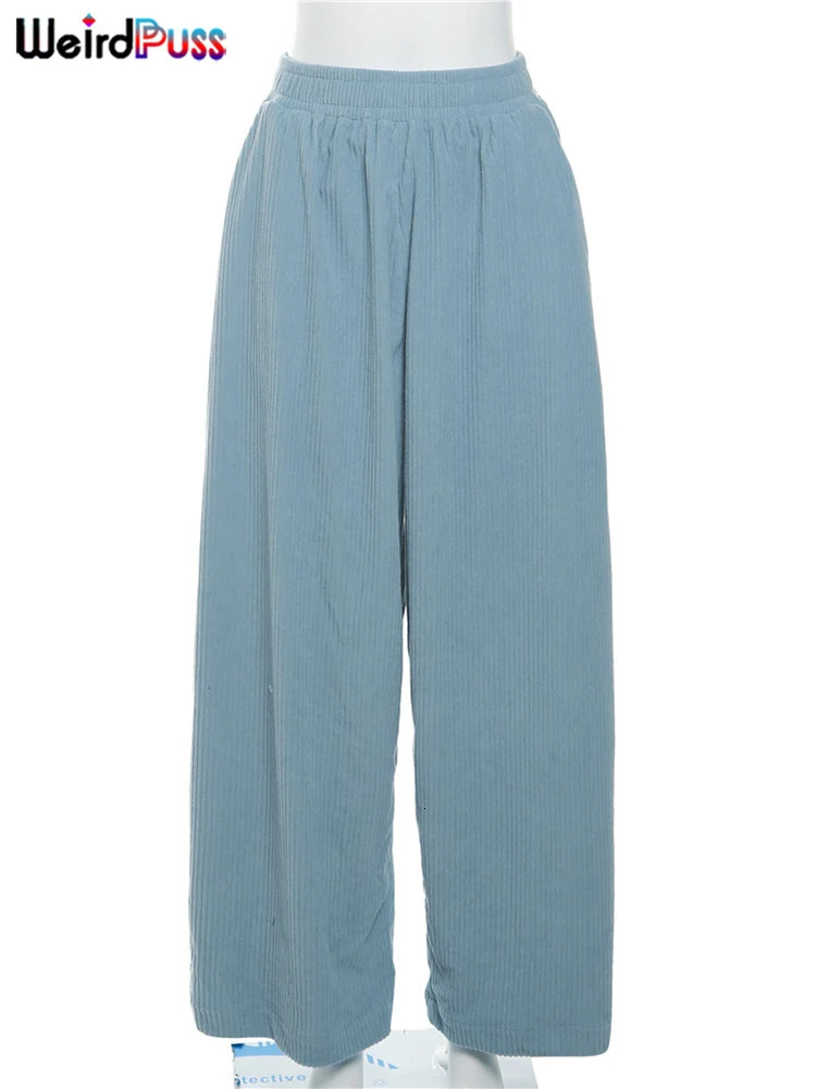 Weird Puss Y2K Casual Wide Leg Pants for Women in Autumn Loose and Simple Pocket High Waist Trouser Corduroy Streetwear Long Bottom 250102