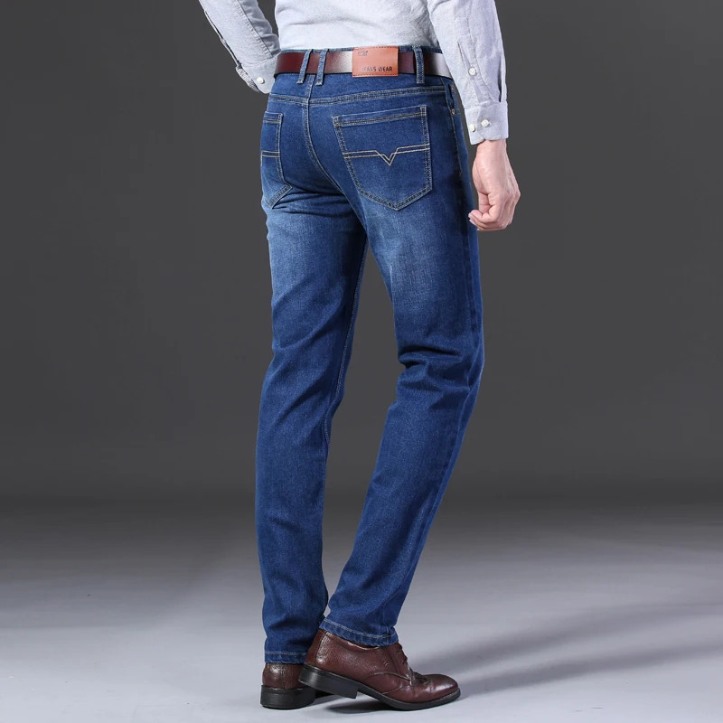 Classic Style Men Jeans Business Casual Straight Stretch Slim Denim Pants Light Blue Black Trousers Male Size 28-40 241230