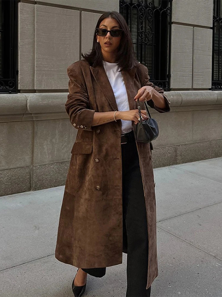 Elegant Suede Leather Women Long Windbreaker Coats Chic Lapel Double Breasted Lady Oversized Jackets 2024 Autumn Street Outwears 241224