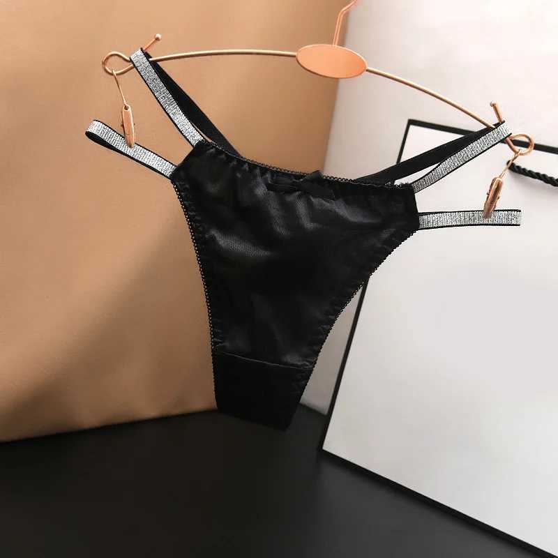 1pc Women Sexy Silky Panties Thin Thong Ice Silk Underwear Shiny Belt Double Strap Lace Low-rise LingerieXJ250103