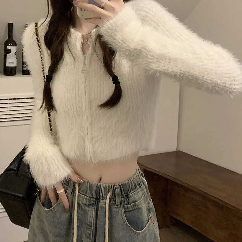Lucys soft short knitted cardigan womens zipper artificial mink cashmere sweater womens autumn and winter long sleeved Y2K crop top M250102