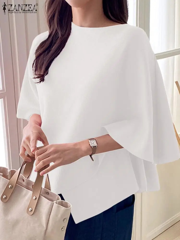 ZANZEA Womens Fashion Shirt Fashion 3/4 Sleeve Ruffle Bottom Top Summer Round Neck Loose Blusa Elegant Irregular Work Tuning 250102