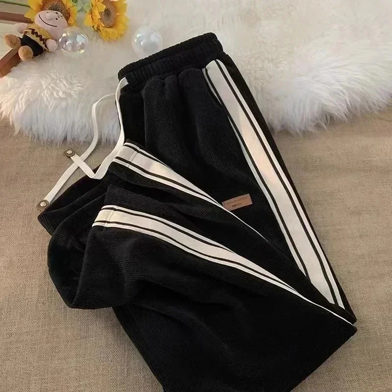 Corduroy striped sports pants womens streetwear thick wide leg pants Y2K Harajuku high waisted runner Korean style bag pants 250102