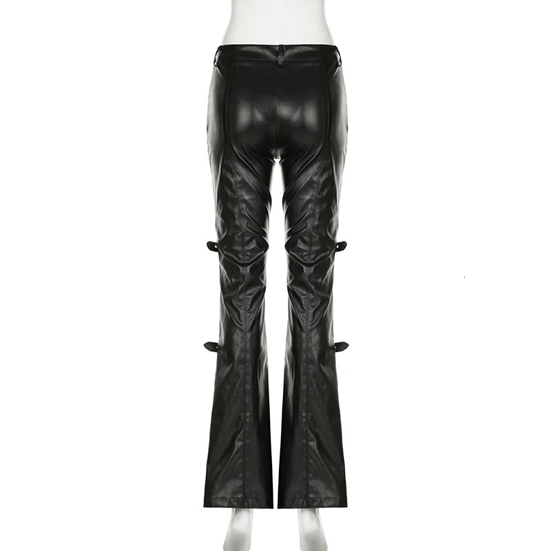 SUCHCUTE PU Leather Shining Pants Gothic Buckle Lace Patch Work Pants Womens Fashion Y2K Street Clothing Retro Aesthetics Leisure Trojan Horse 250102
