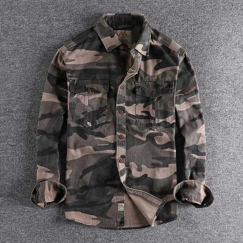 Fashionable camouflage long sleeved mens work shirt casual loose fit wear-resistant top layer clothing American style W250103