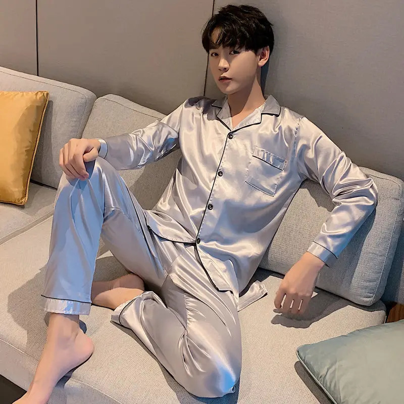 Men Pajama Sets Silk Satin Sleepwear For Man Shirt Long Sleeve Pyjama Male Fashion Soft Home Night Wear Big Size Loungewear 250103