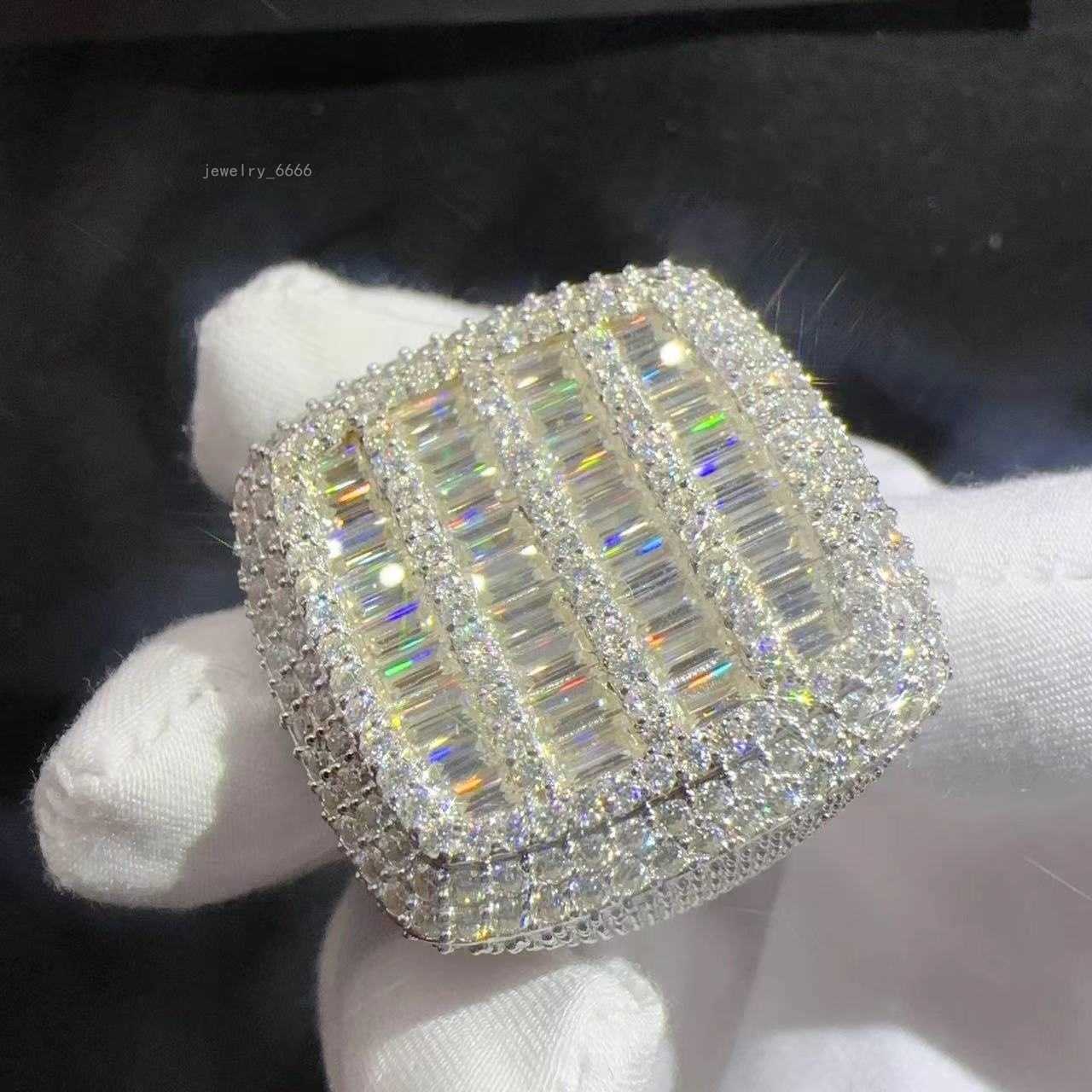 Baguette hip hop custom vvs moissanite mens iced out 925 sterling silver ring