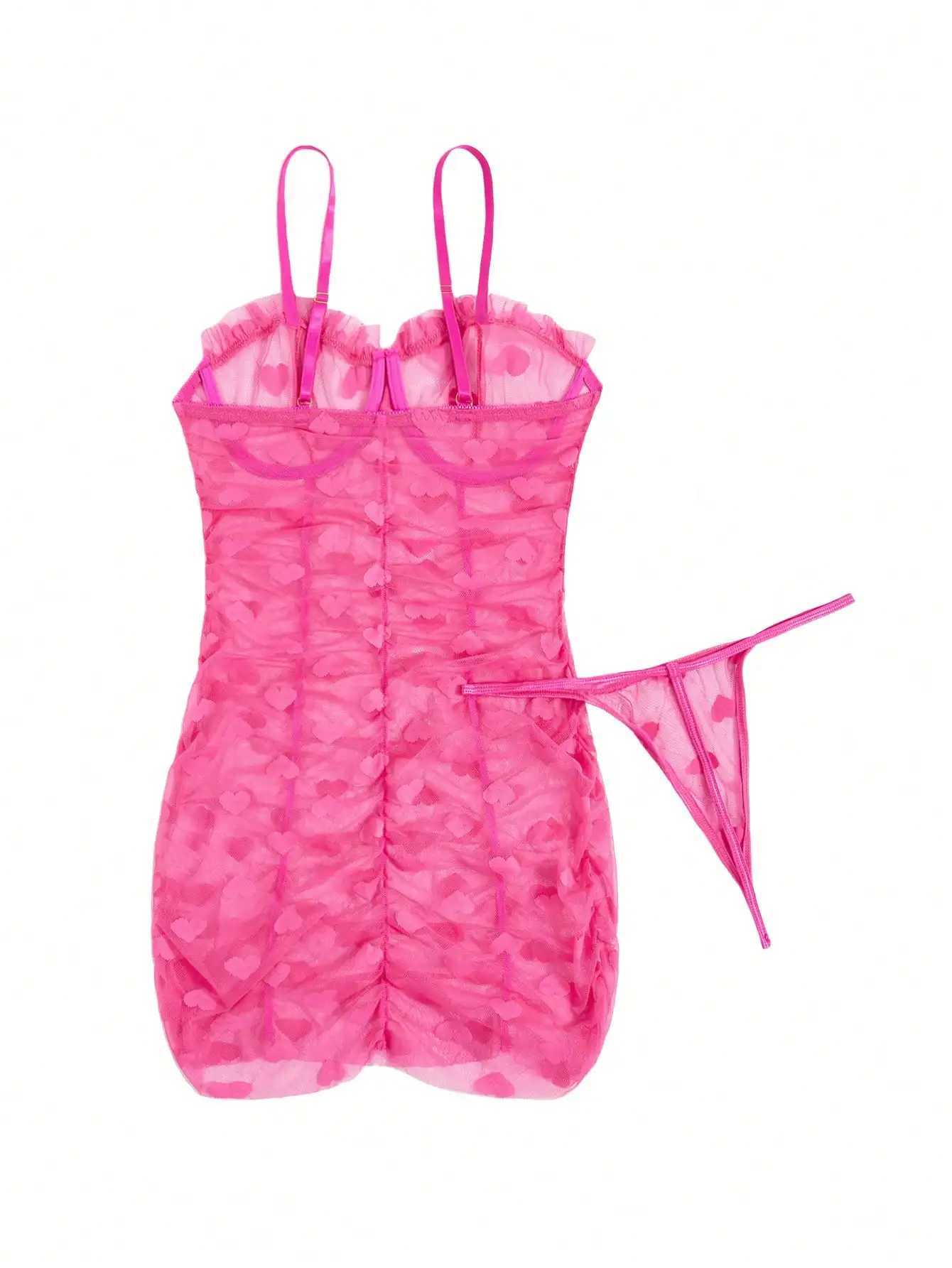 Heart shaped mesh pleated hem decoration sexy lingerie thong womens lace mesh patch work pendant collar Babydoll lingerie W250103