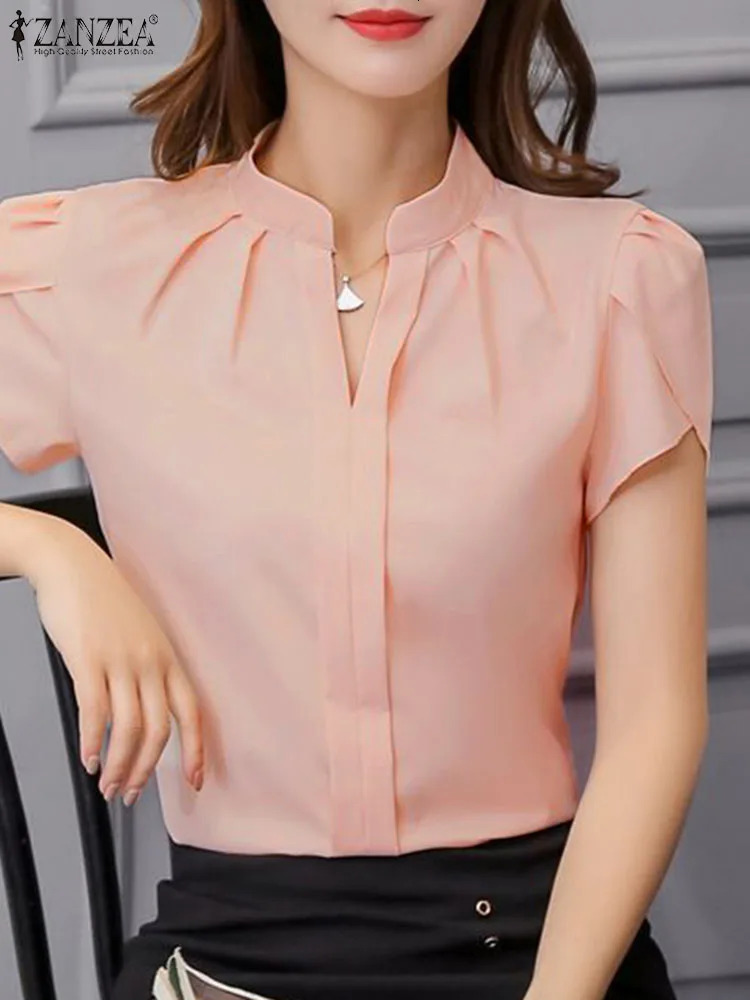 ZANZEA official office V-neck blue womens chiffon shirt elegant pleated short sleeved top summer solid pleated shirt 250102