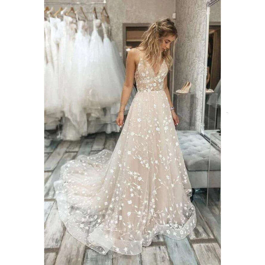 A Trendy E Wedding Dress Appliques Deep V Neck Spaghetti Straps Pleat Chapel Train Robe Soiree De Mariage Custom Made Bc