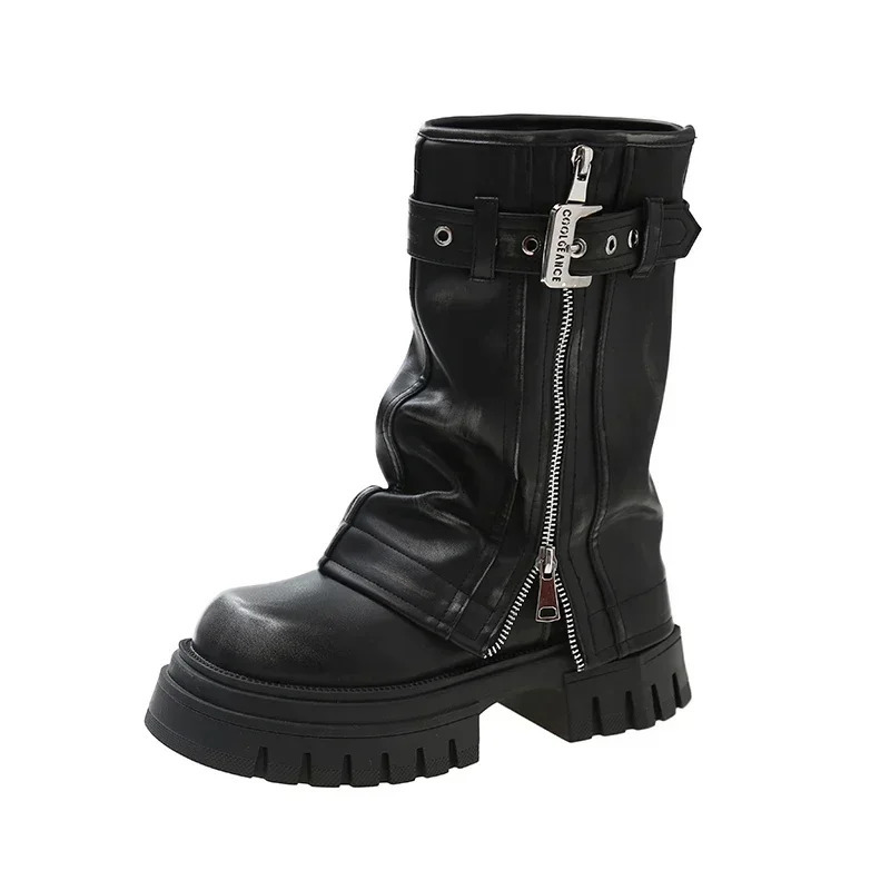 Ladies Shoes on Sale Fashion Side Zipper Womens Boots Winter Square Toe Solid Middle Tube Platform Chunky Heels Boots250102