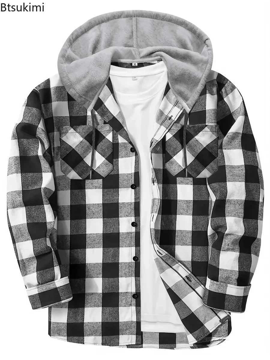 Spring and autumn mens plain weave shirt loose casual long sleeved shirt jacket fashionable hooded cardigan jacket mens simple sports top W250103