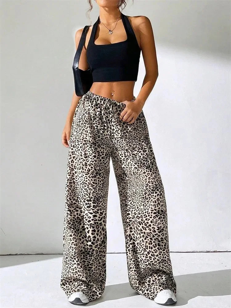 Leopard print wide leg pants womens winter Y2K elastic high waisted floor pants 250102