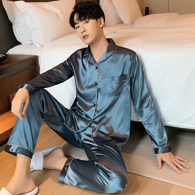Men Pajama Sets Silk Satin Sleepwear For Man Shirt Long Sleeve Pyjama Male Fashion Soft Home Night Wear Big Size Loungewear 250103