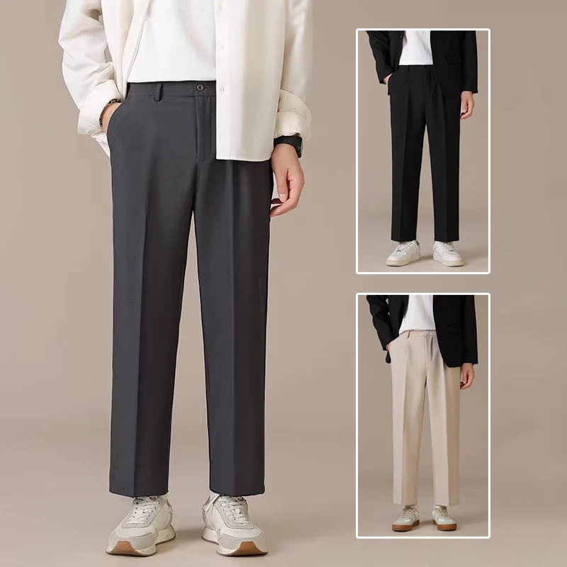 2024 Men Classic Daily Work Wear Suit Pants Youth Ankle Length Cropped Trousers Baggy Concise Casual Blazer Pants Male 250103