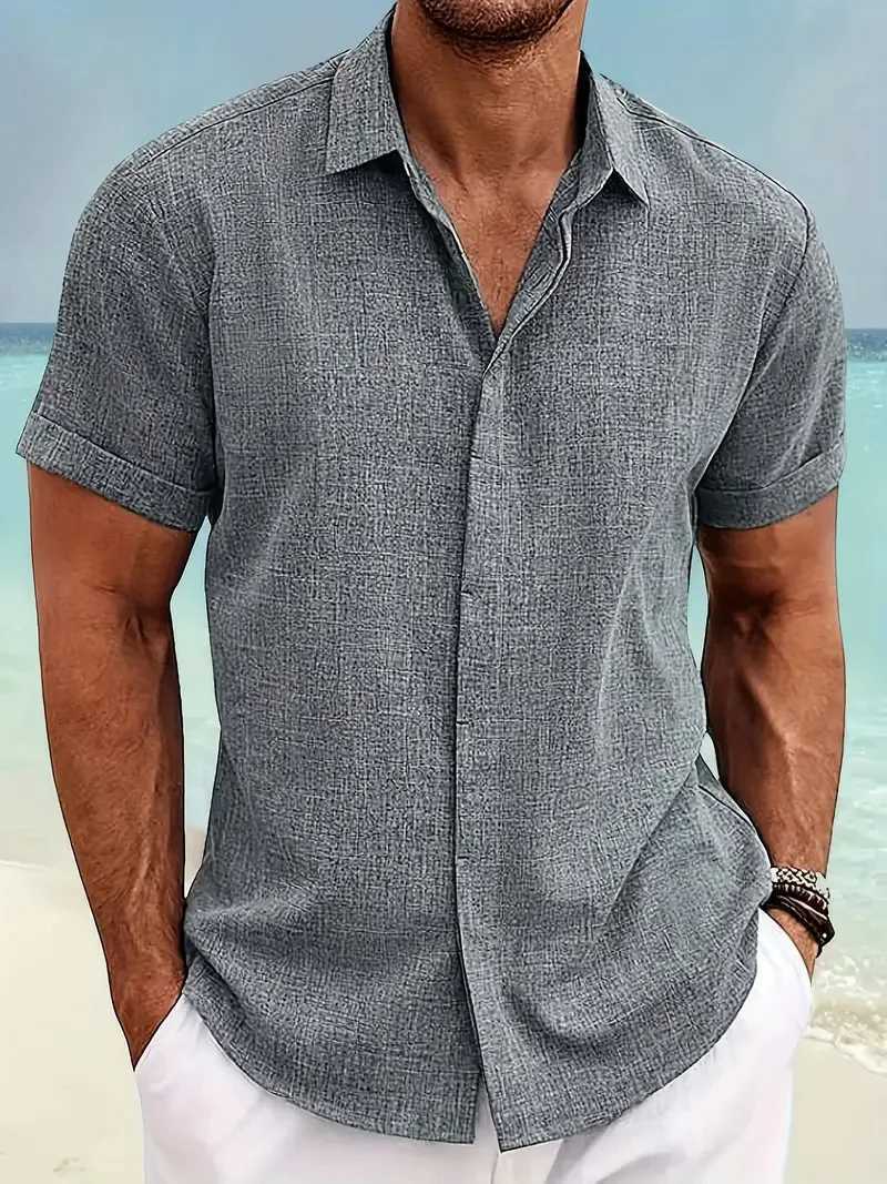 Mens solid color short sleeved summer solid color lapel casual beach style open top polyester shirt W250102