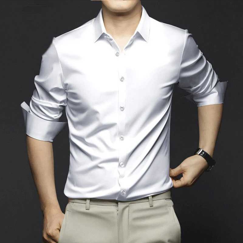 2023 New High Quality Luxury Elegant Mens Shirt Social Long Sleeve Solid Slimming Casual Business Silk Shirt W250102 - view 3