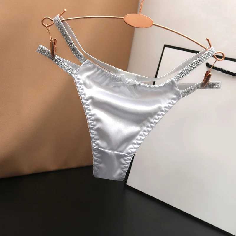 1pc Women Sexy Silky Panties Thin Thong Ice Silk Underwear Shiny Belt Double Strap Lace Low-rise LingerieXJ250103